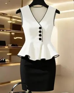 SHEIN ホワイト ブラック ペプラム ミニワンピース