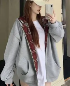 SHEIN チェック柄フード ジップアップパーカー グレー 裏起毛