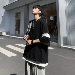 オーバーサイズ黒シャツ ストライプ袖