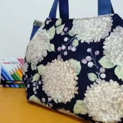 チューリップバッグ ちょっと小さめ No14 紺色 花柄 綿 ハンドメイド