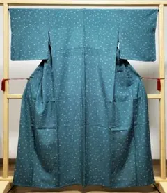 A5◇着物くつろぎ 単衣 花とこけし 縮緬 水浅葱色 正絹 小紋 着物 74 