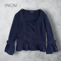 【INGNI イング】　7分袖ノーカラーダブルボタンジャケット　ネイビー　無地