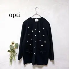 opti　長袖ニットカーディガン　ノーカラー　パールビーズ　肩パッド付　紺　F