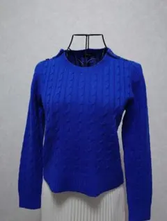 カシミヤ100%青 ケーブル編み ニット ショート丈セーター 長袖