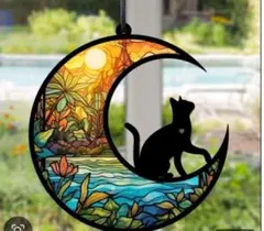 サンキャッチャー インテリア壁掛け飾り ステンドグラ 黒猫