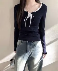 【SHEIN】フリル付きフロントタイ 長袖力ジュアルTシャツ、春夏用