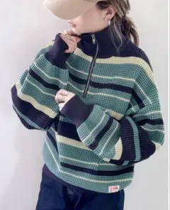 JAVAマルチボーダー軽量ワッフルハーフジップニット