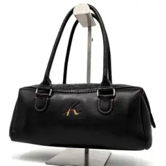 外観美品✨キタムラ　ミニボストンバッグ　ロゴ　シボ革　ブラック