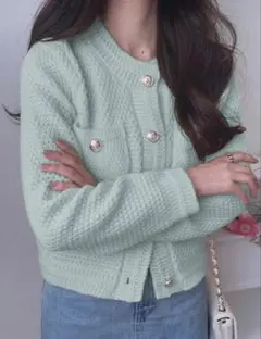 ゴールドボタンショート丈ニットカーディガン[an1347] グリーン GRL