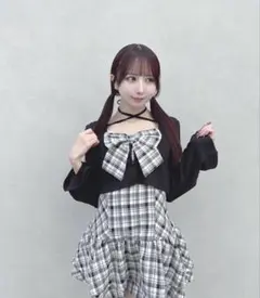 リボン付き黒・白チェックミニワンピース