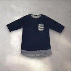 美品 Aldies インディゴ ボーダー切替 5分袖 Tシャツ 背面ロング丈のサムネイル