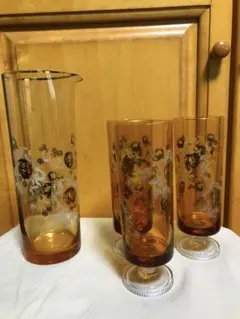 アデリア 足付き グラス 水差し ピッチャー セット アンバーグラス レトロ