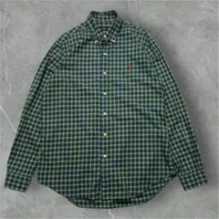 ラルフローレン 長袖BDシャツ M 緑系チェック ワンポイント ○,6216