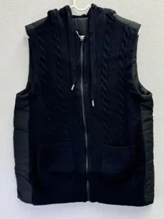 ダジュール ニット切替中綿ベスト 黒 大きめ フード付き ジレ ベスト L