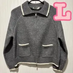 【美品】ニットカーディガン フロント ダブルジップ グレー Lサイズ