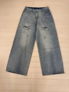 ダメージ加工 ワイドデニムパンツ ライトブルー