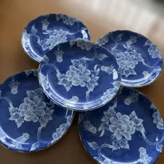 花柄の紺色皿 5枚セット