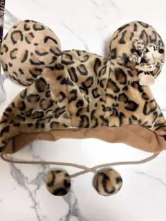 【ディズニー】美品！ミニーマウス ヒョウ柄 ボア帽子 ファンキャップ