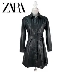 02T498☆ ZARA 黒 フェイクレザー トレンチコート アウター 春秋 S