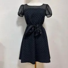 m5857【美品 アニエスベー】 フレアワンピース ジャガード 立体フラワー 黒