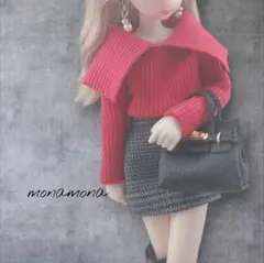 22cmドールハンドメイド服☆BIG襟ニットトップス（赤）単品