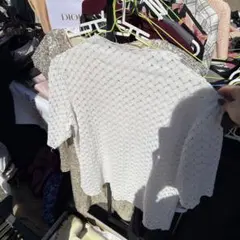 ホワイト 透かし編み 半袖トップス