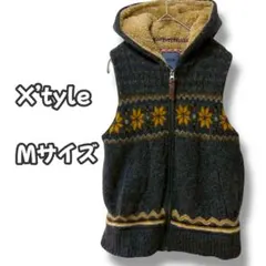 N0523　ボア裏地フードニットベスト　総柄　ダークグレー　M
