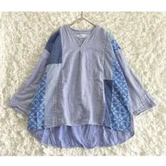 ナチュラルランドリー◆ パッチワーク切替 サイドパネル シャツ 日本製 ゆったり