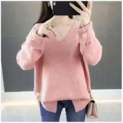 ピンク Vネック ニットセーター