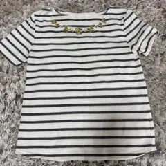 ストライプ柄花モチーフ半袖Tシャツ　ビジューのサムネイル