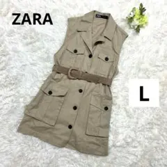 美品ZARAリネンブランドベストワンピース　ベージュ　ベルト付き　サファリ　L
