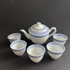 景徳鎮　ホタル焼き　青白磁 茶器セット 急須と茶碗5個入り