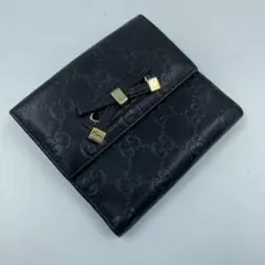 GUCCI グッチ シマレザー 折り財布 財布 リボン レザー 블랙