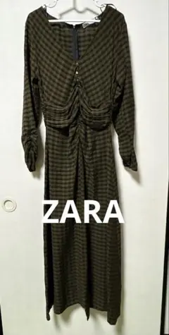 カーキチェック柄ロングワンピース　ZARA Mサイズ