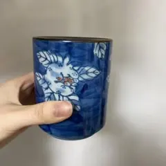 青色 花柄 湯飲み