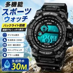 多機能スポーツウォッチ デジタル腕時計 バックライト メンズ ブラック W034