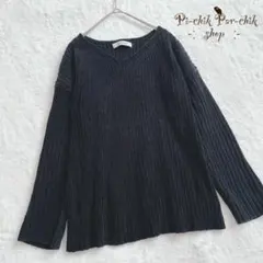 【ナノユニバース】ニット　セーター　厚手　長袖　リブ編み　Ｖネック　黒　ブラック