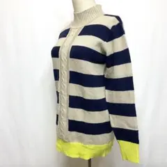 ボーダー柄　ハイネック　ニット　セーター　ケーブル編み　ネイビー×ベージュ