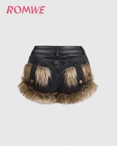 ROMWE ファー付きブラックショートパンツ