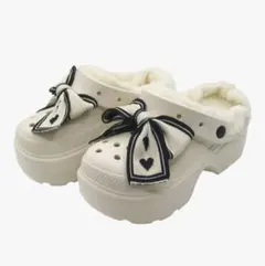 【25cm〜25.5cm】厚底 サンダル 冬用 ボア リボン付 ホワイト❤