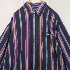 90sヴィンテージ マルチストライプシャツL相当 ネイビー オーバーサイズ