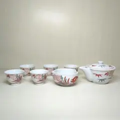 白磁　赤絵草花文　煎茶揃　宝瓶１　湯呑み５　湯冷まし１　煎茶茶器　玉露