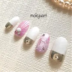 mokyuart53＊マーメイドネイル　ネイルチップ  ミラーネイル　ピンク銀