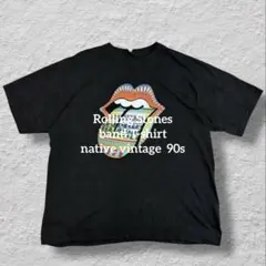 Rolling StonesベロTバンドTシャツリペア 雰囲気系ネイティブ柄XL
