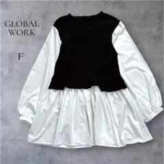 【グローバルワーク】ニットドッキングチュニック F ブラック ホワイト