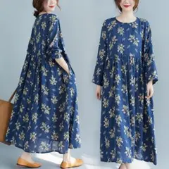 プリントワンピース 大きいサイズ ゆったり ロング 着心地いい ラウンドネック