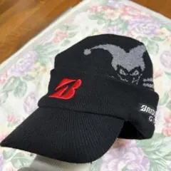 美品Fサイズ/BS GOLF/Bロゴ立体刺繍/ワッペン刺繍/ツバ付ニット帽/黒