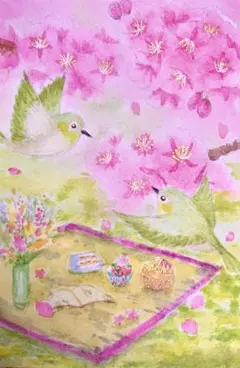 みみ様専用春の風景と小鳥の水彩画　原画6枚＋複製品1枚セット
