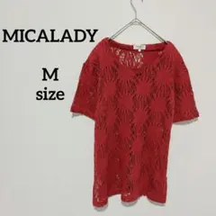 ミカレディ　チュニック　レース　網　赤　Ｍ　肩パット　裾スリット　花柄