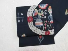 メルヘン柄：チューリップと天使と少女：紺色九寸名古屋帯：美品：正絹：M73